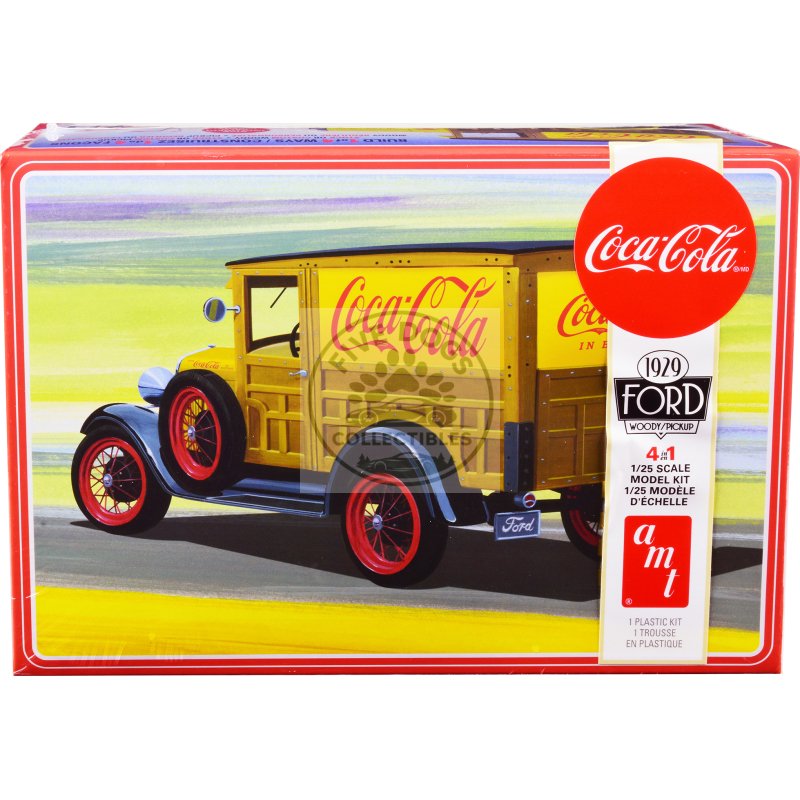 skill 3 model kit 1929 ford woody/pickup 4 in 1 kit "coca cola" 1/25 scale model car by amt