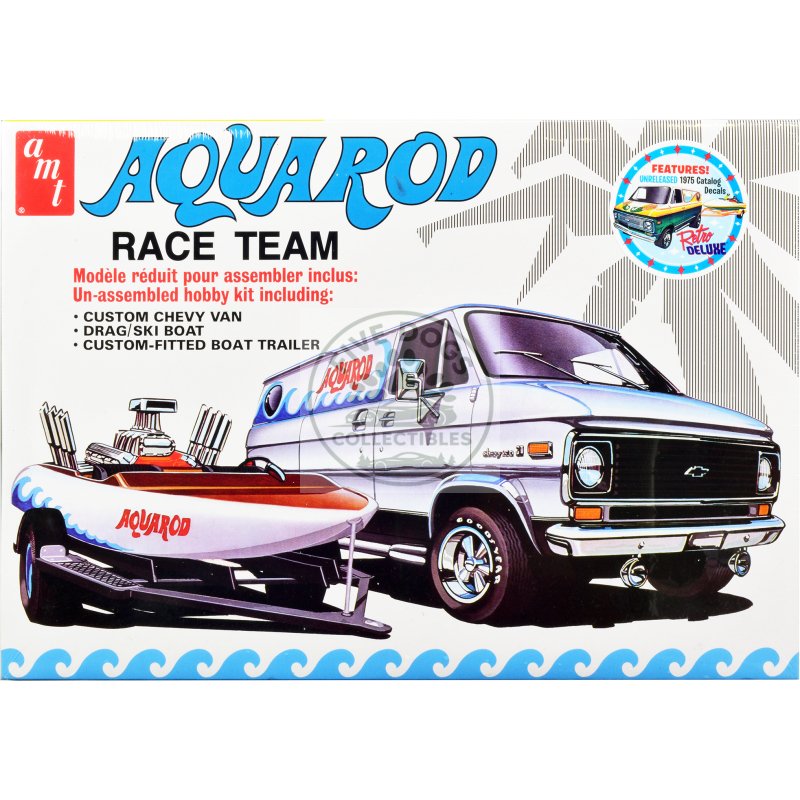 skill 2 model kit chevrolet custom van with drag/ski boat and trailer "aqua rod race team" 1/25 scale model by amt