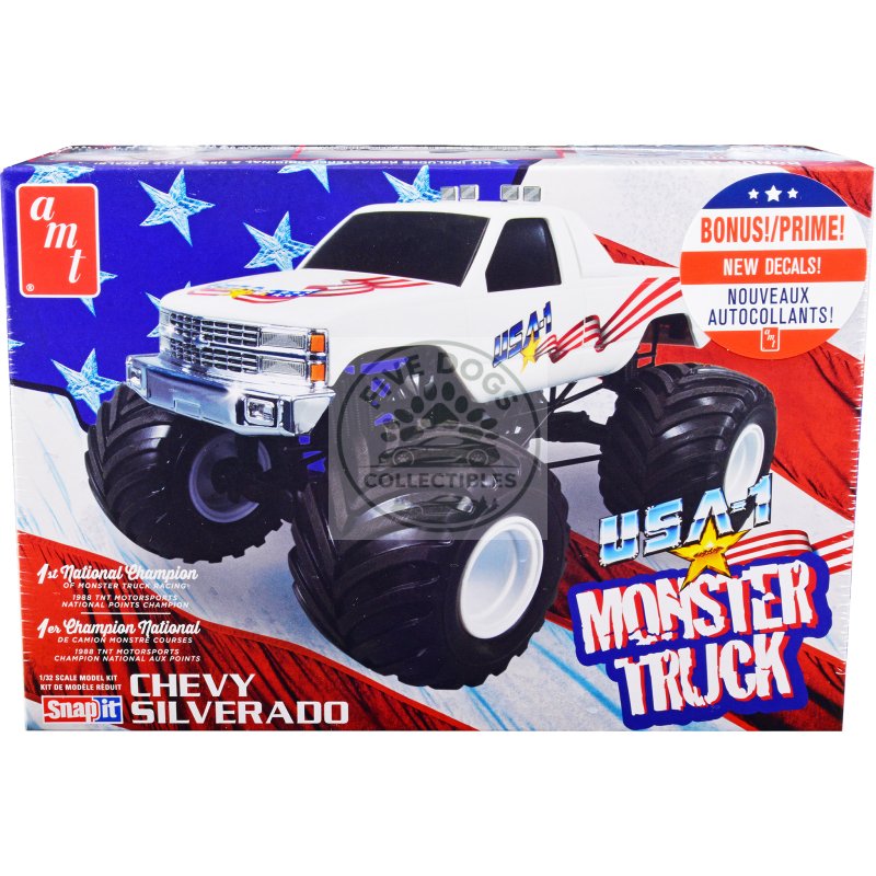 skill 1 snap model kit chevrolet silverado "usa 1" monster truck 1/32 scale model by amt