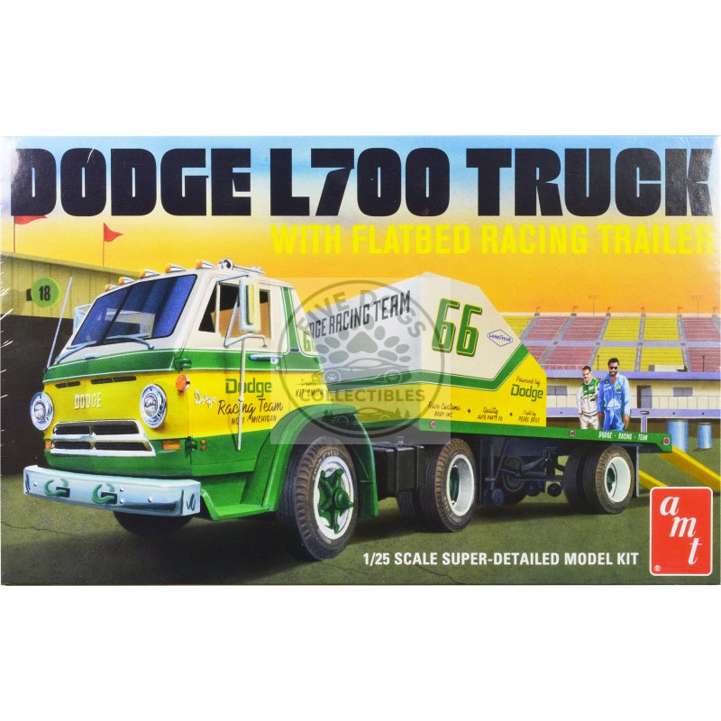 skill 3 model kit 1966 dodge l700 truck with flatbed racing trailer 1/25 scale model by amt
