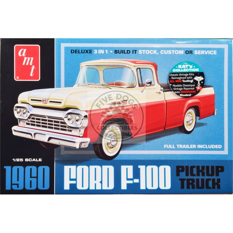 skill 2 model kit 1960 ford f 100 pickup truck with trailer 3 in 1 kit 1/25 scale model by amt
