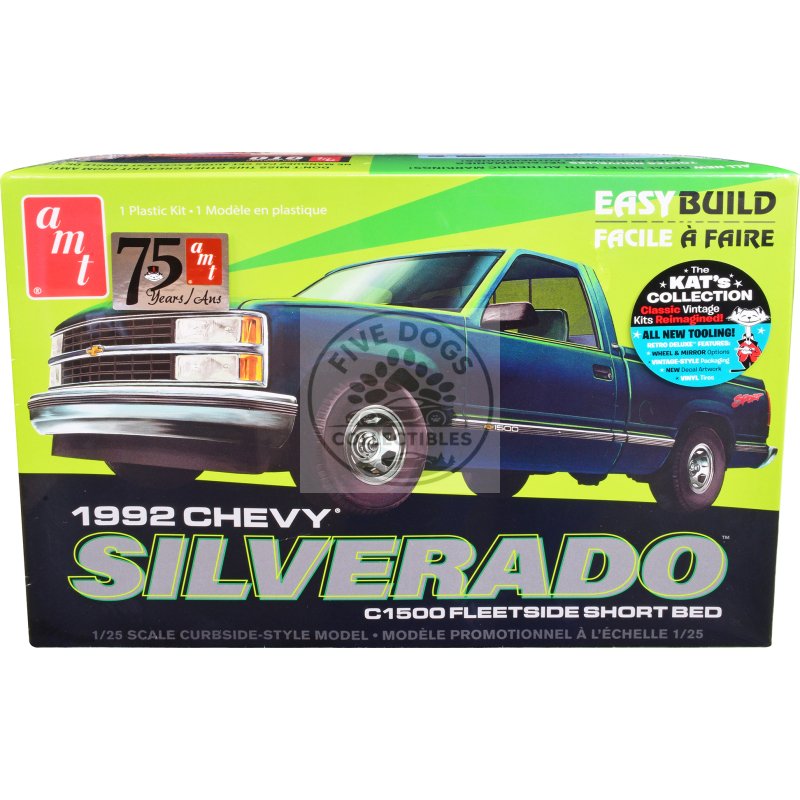 skill 2 model kit 1992 chevrolet silverado c1500 fleetside short bed pickup truck "easy build" 1/25 scale model by amt