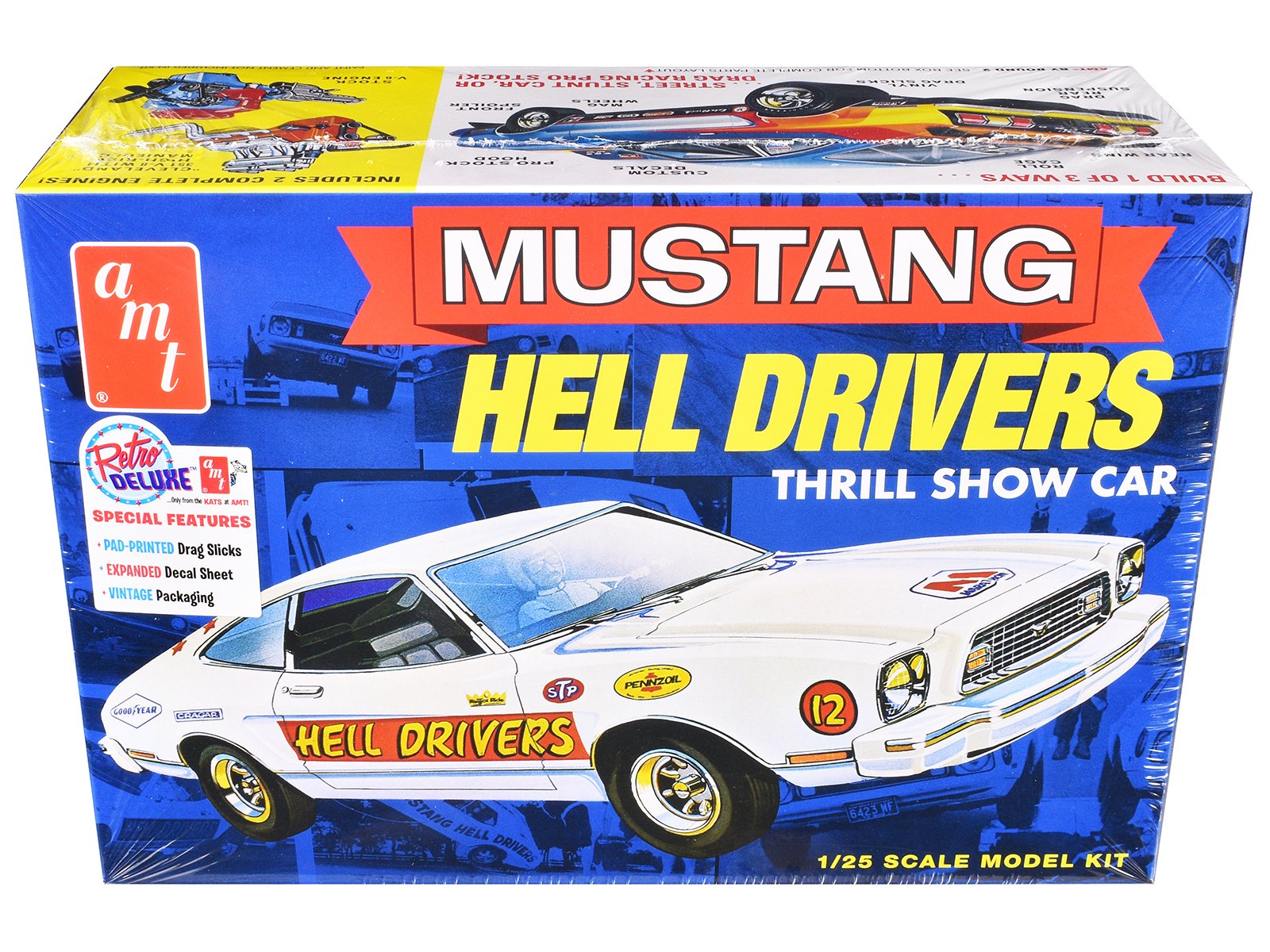 skill 2 model kit 1977 ford mustang "hell drivers" thrill show car 1/25 scale model by amt skill 2 model kit 1977 ford mustang "hell drivers" thrill show car 1/25 scale model by amt
