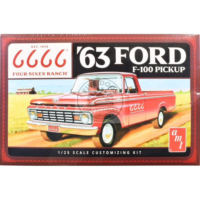 skill 2 model kit 1963 ford f 100 pickup truck "four sixes ranch" 3 in 1 kit 1/25 scale model by amt