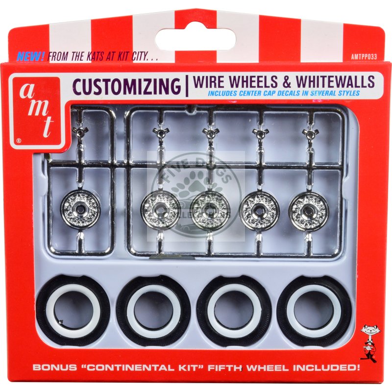 skill 2 model kit wire wheels and whitewall tires set of 5 pieces for 1/25 scale models by amt