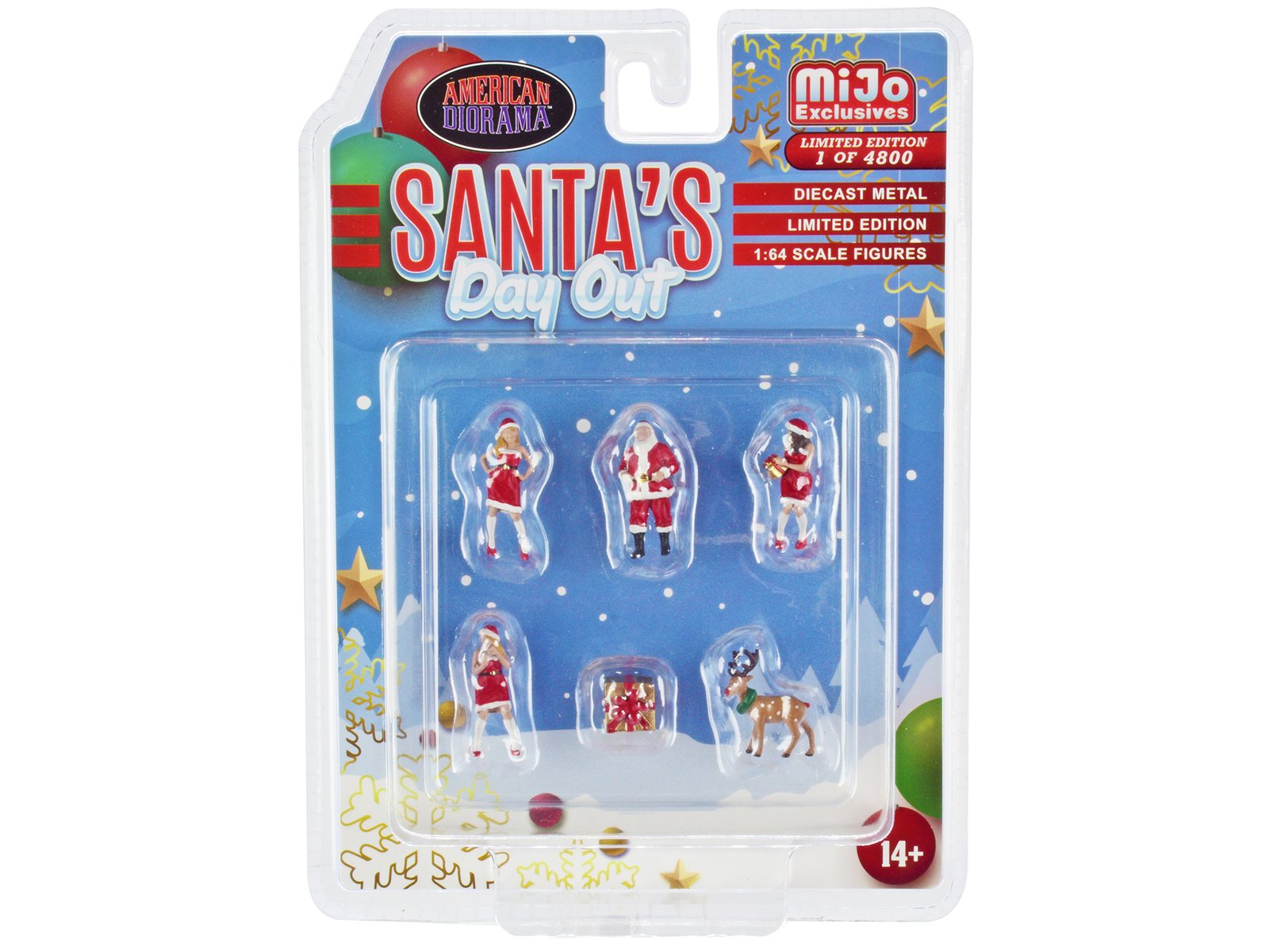 "santa's day out" 6 piece diecast set (1 male 2 female 1 reindeer 1 present figures and accessories) limited edition to 4800 pieces worldwide 1/64 scale models by american diorama "santa's day out" 6 piece diecast set (1 male 2 female 1 reindeer 1 present figures and accessories) limited edition to 4800 pieces worldwide 1/64 scale models by american diorama