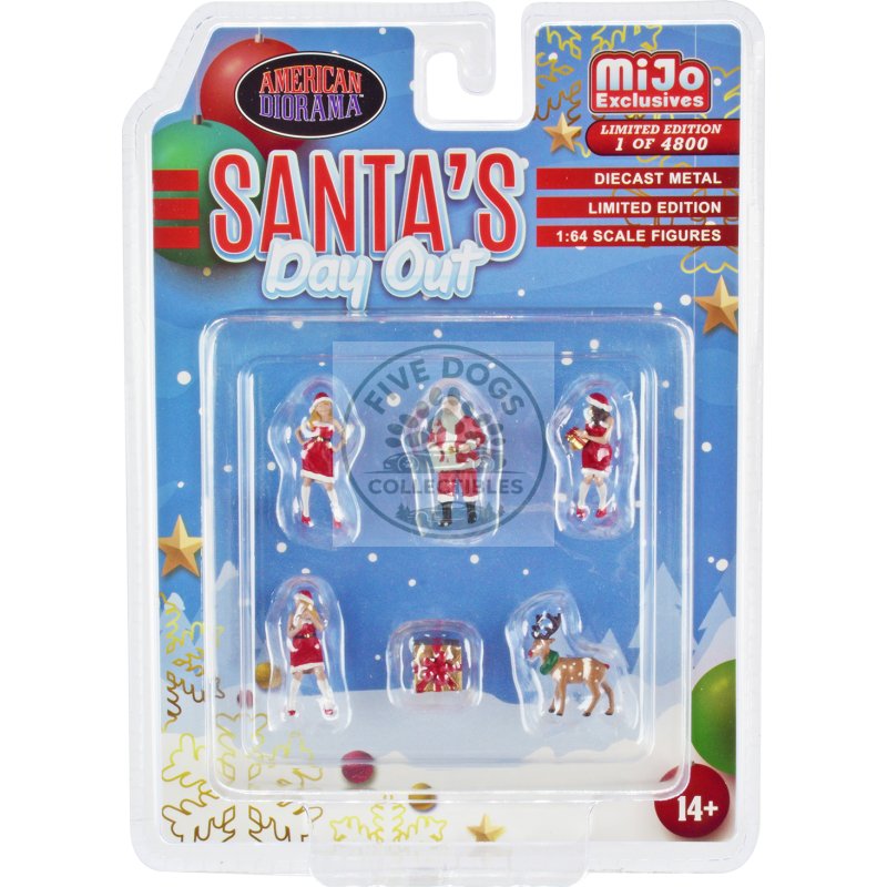 "santa's day out" 6 piece diecast set (1 male 2 female 1 reindeer 1 present figures and accessories) limited edition to 4800 pieces worldwide 1/64 scale models by american diorama