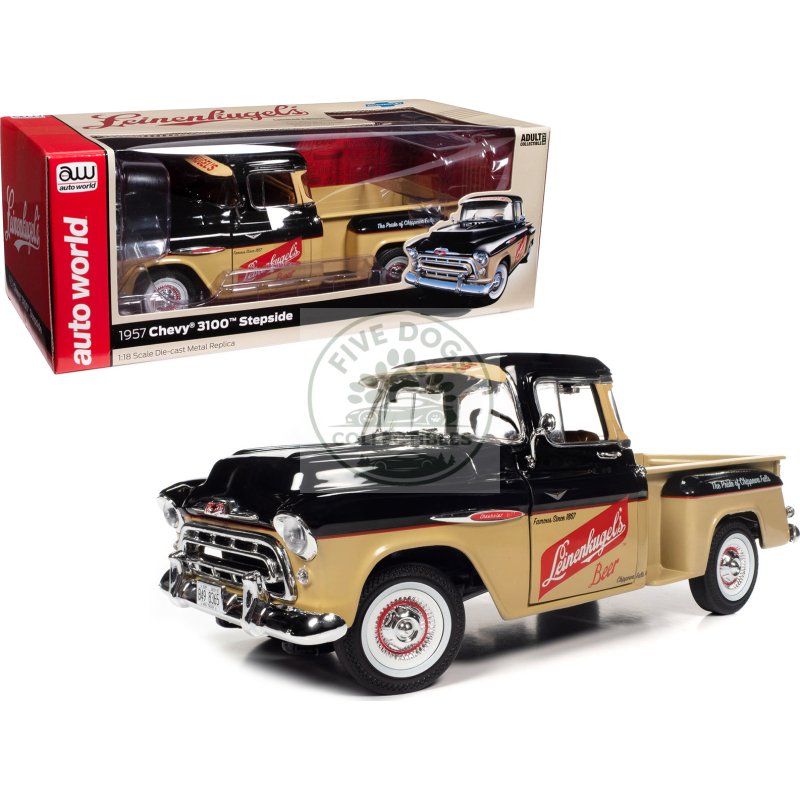 1957 chevrolet 3100 stepside pickup truck black and tan with graphics "leinenkugle's beer the pride of chippewa falls" 1/18 diecast model by auto world