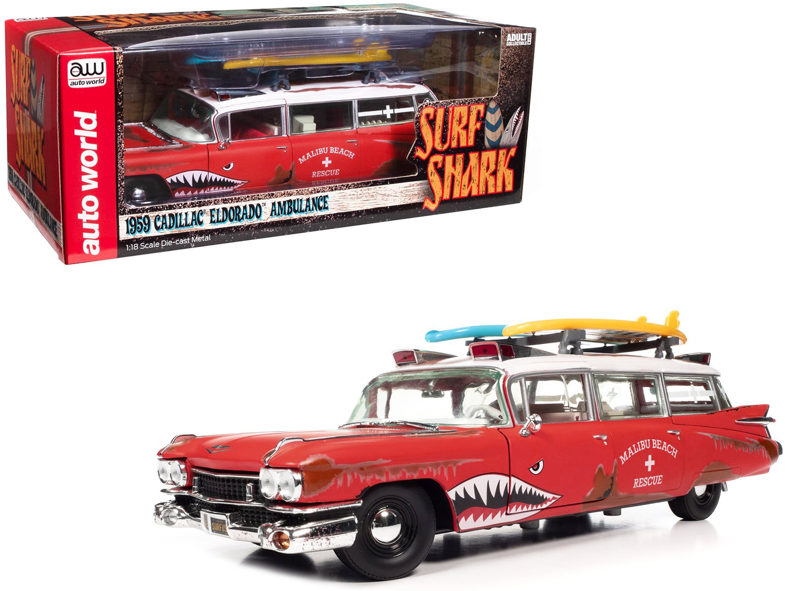 1959 cadillac eldorado ambulance red with white top "malibu beach rescue" (weathered) with surfboards on roof "surf shark" 1/18 diecast model car by auto world 1959 cadillac eldorado ambulance red with white top "malibu beach rescue" (weathered) with surfboards on roof "surf shark" 1/18 diecast model car by auto world