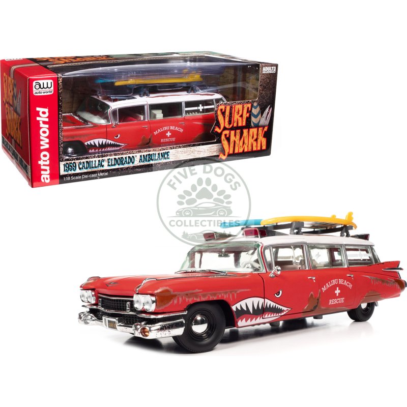 1959 cadillac eldorado ambulance red with white top "malibu beach rescue" (weathered) with surfboards on roof "surf shark" 1/18 diecast model car by auto world