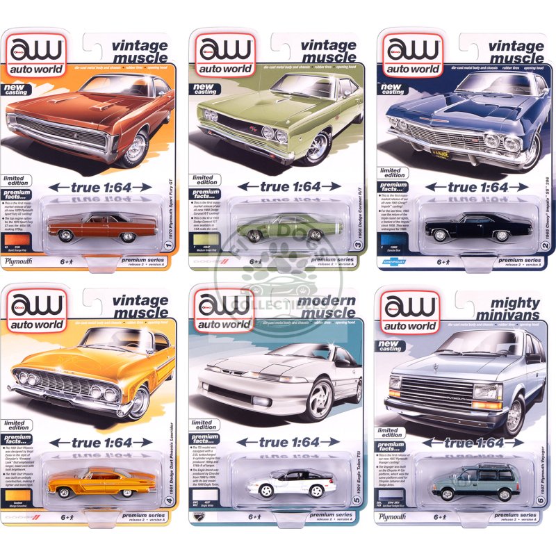 auto world premium 2025 release 2 set a of 6 pieces 1/64 diecast model cars by auto world
