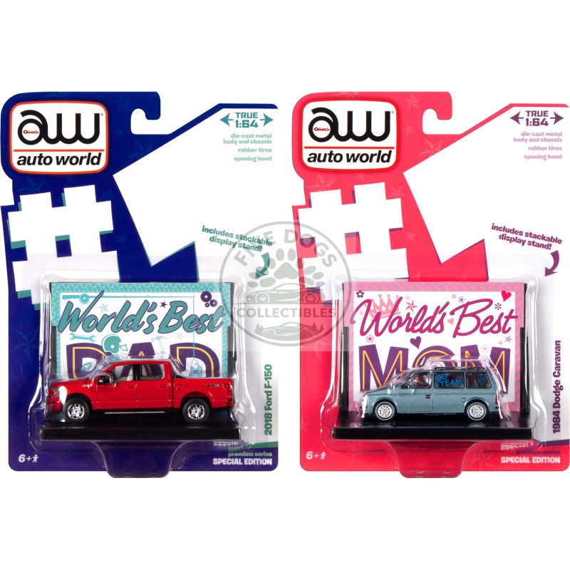 2018 ford f 150 pickup truck red and 1984 dodge caravan minivan blue metallic "world's best mom and dad" set of 2 pieces 1/64 diecast model cars by auto world