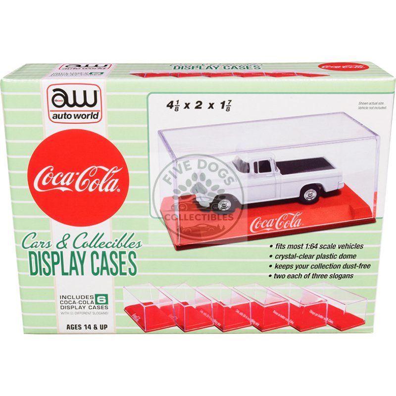 6 collectible acrylic display show cases with red plastic bases with 3 different slogans "coca cola" for 1/64 scale model cars by auto world