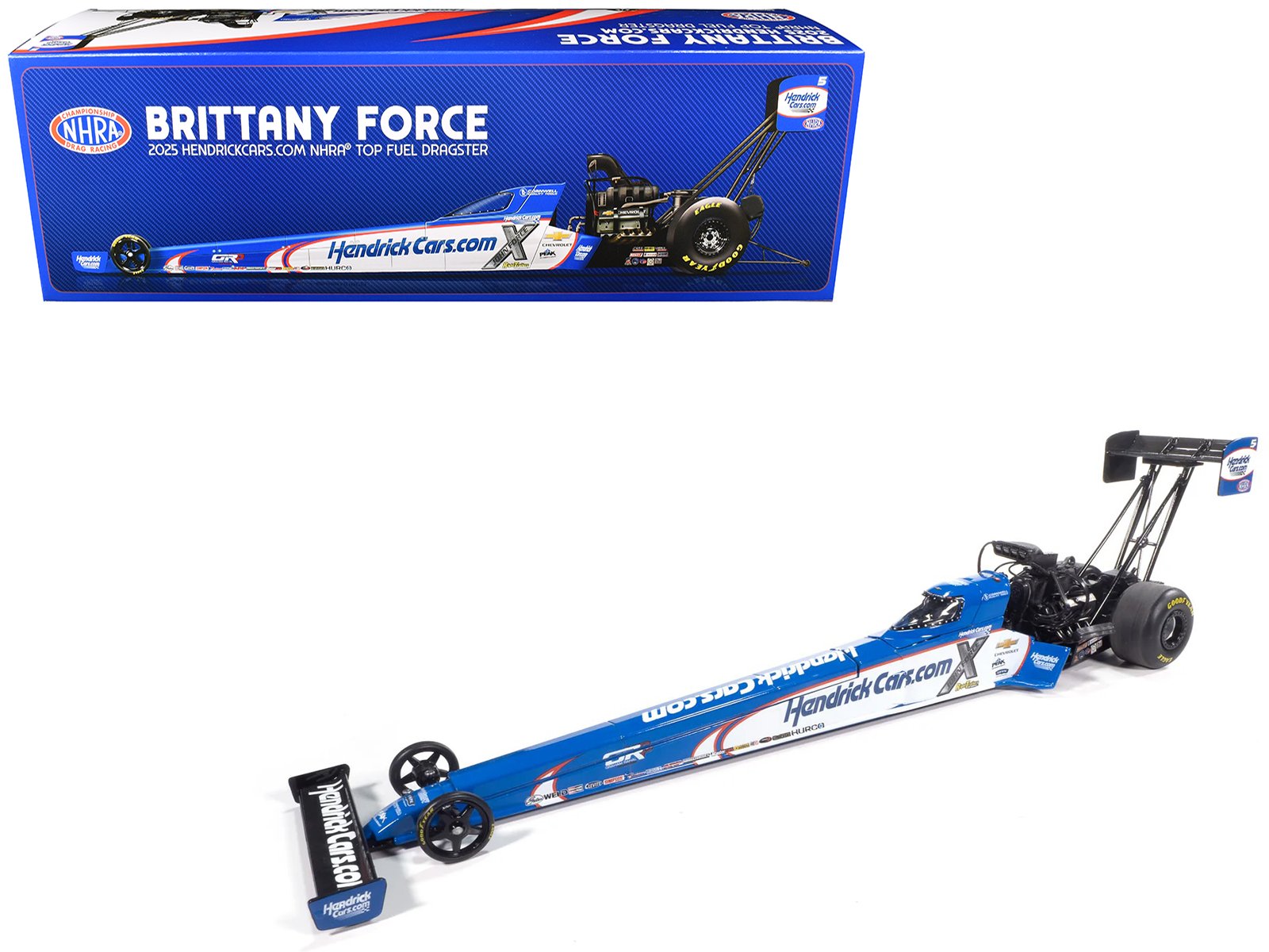 nhra tfd (top fuel dragster) #5 brittany force "hendrickcars.com" blue and white (2025) 1/24 diecast model by auto world nhra tfd (top fuel dragster) #5 brittany force "hendrickcars.com" blue and white (2025) 1/24 diecast model by auto world