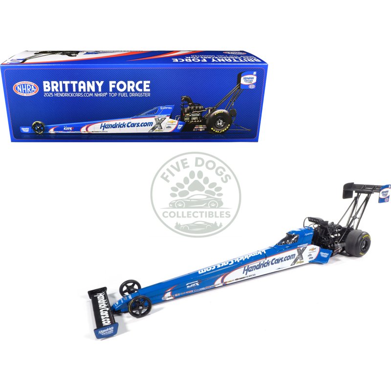 nhra tfd (top fuel dragster) #5 brittany force "hendrickcars.com" blue and white (2025) 1/24 diecast model by auto world