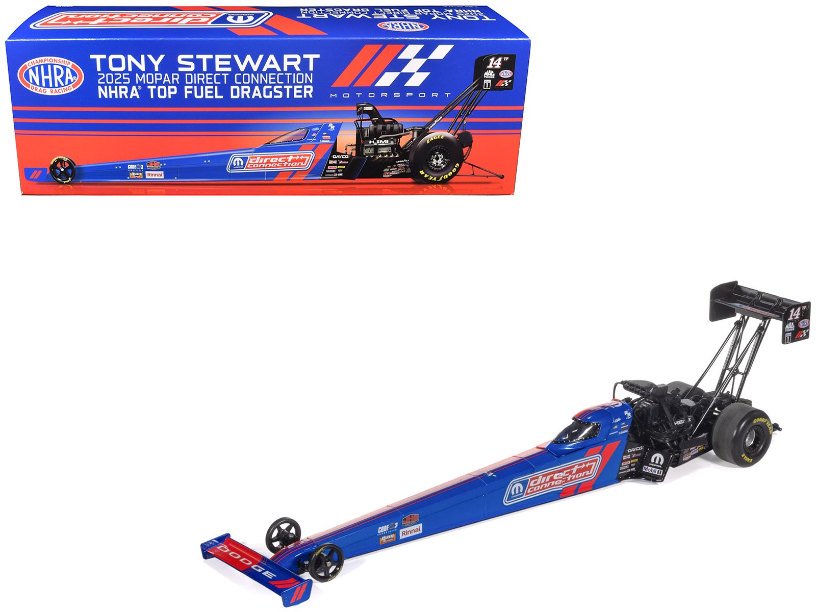 nhra tfd (top fuel dragster) #14tf tony stewart "mopar direct connection" blue and red (2025) 1/24 diecast model by auto world nhra tfd (top fuel dragster) #14tf tony stewart "mopar direct connection" blue and red (2025) 1/24 diecast model by auto world