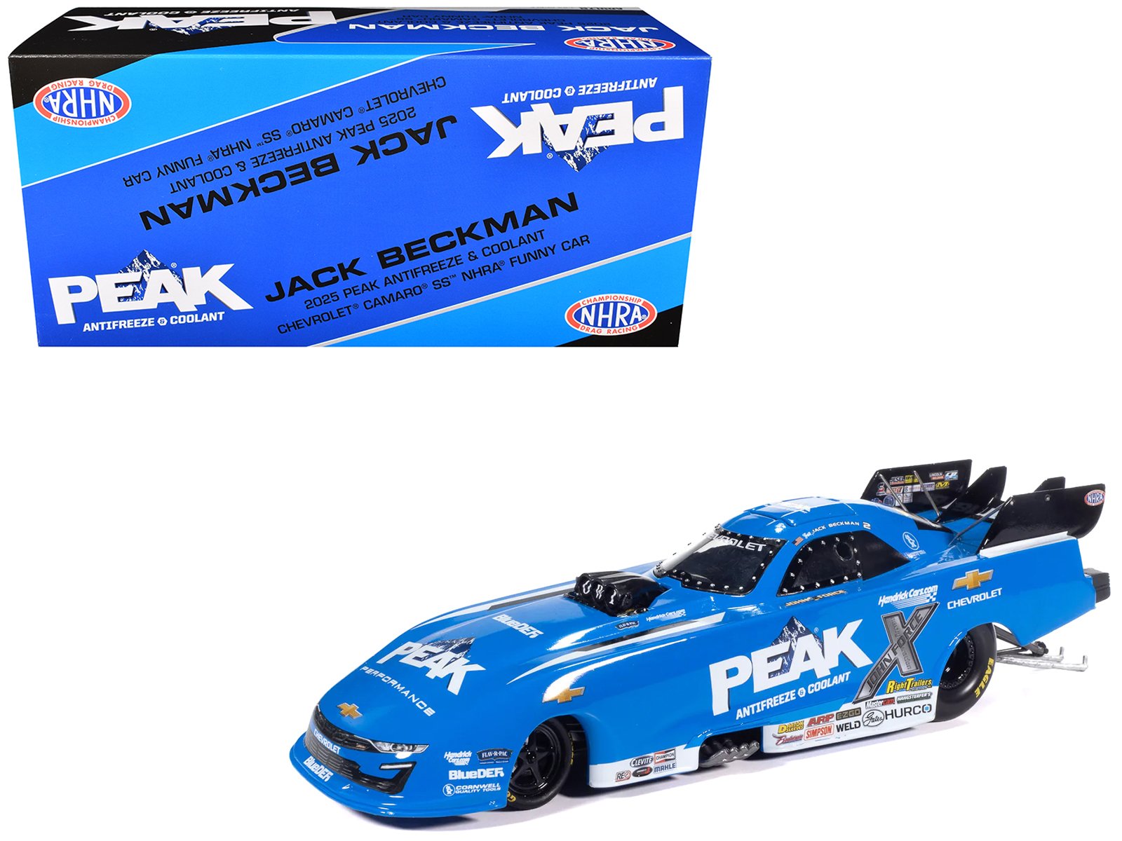 chevrolet camaro ss nhra funny car jack beckman "peak" (2025) "john force racing" limited edition 1/24 diecast model by auto world chevrolet camaro ss nhra funny car jack beckman "peak" (2025) "john force racing" limited edition 1/24 diecast model by auto world