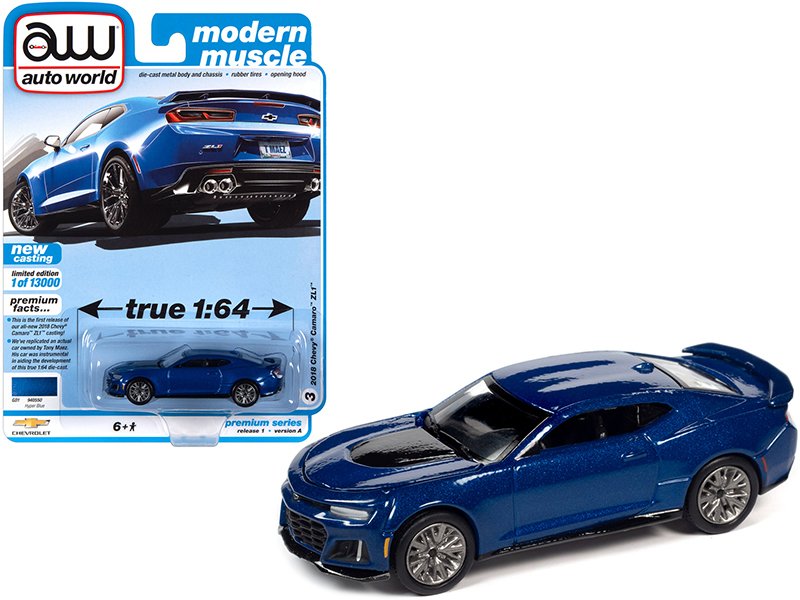 2018 chevrolet camaro zl1 hyper blue metallic "modern muscle" limited edition to 13000 pieces worldwide 1/64 diecast model car by auto world 2018 chevrolet camaro zl1 hyper blue metallic "modern muscle" limited edition to 13000 pieces worldwide 1/64 diecast model car by auto world