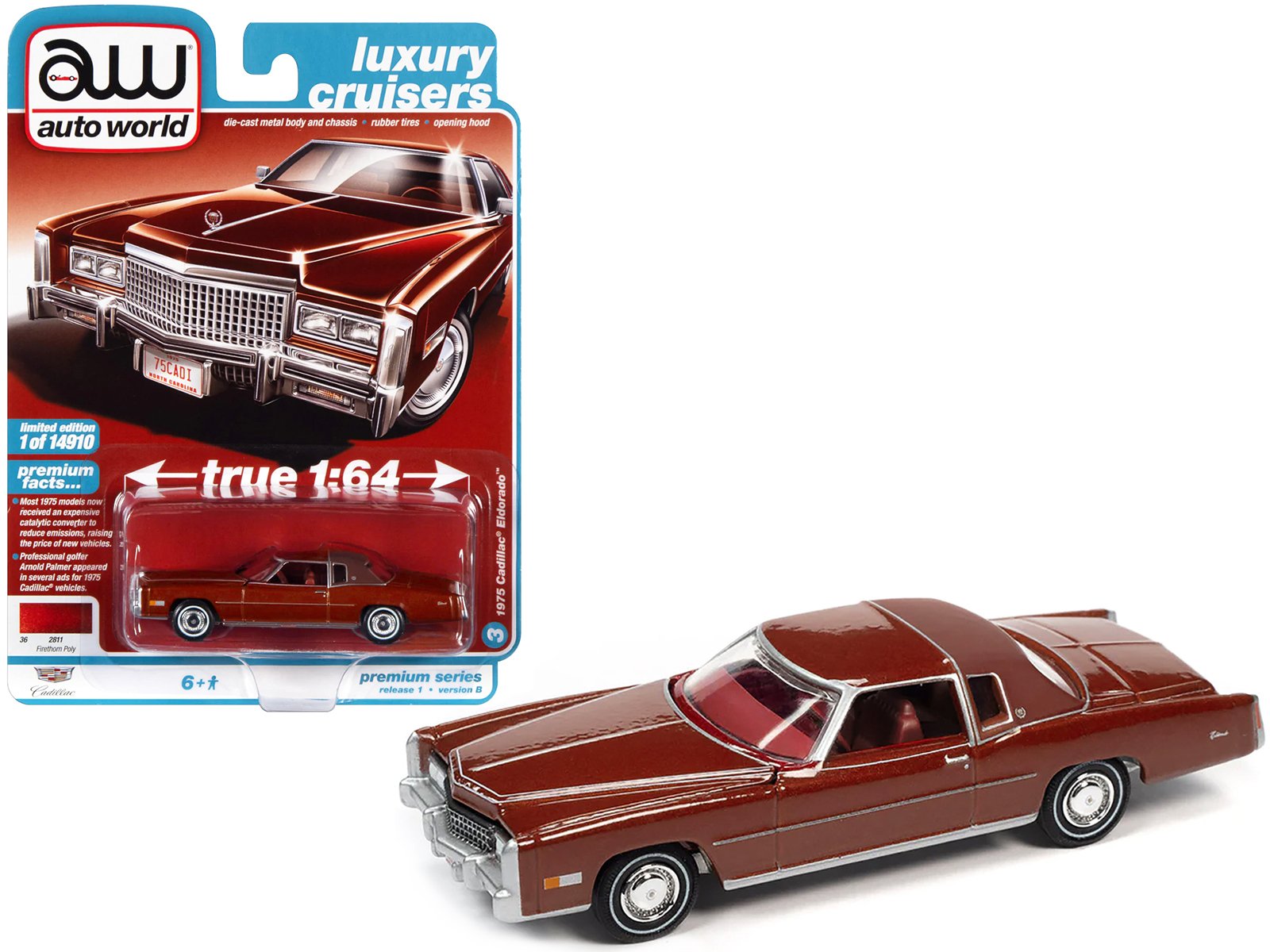 1975 cadillac eldorado firethorn red metallic with rear section of roof matt dark red "luxury cruisers" limited edition to 14910 pieces worldwide 1/64 diecast model car by auto world 1975 cadillac eldorado firethorn red metallic with rear section of roof matt dark red "luxury cruisers" limited edition to 14910 pieces worldwide 1/64 diecast model car by auto world