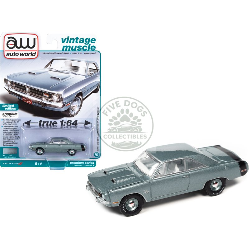 1971 dodge dart swinger 340 special light gunmetal gray metallic with black tail stripe "vintage muscle" limited edition 1/64 diecast model car by auto world