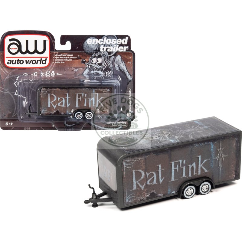 4 wheel enclosed car trailer dark gray with graphics "rat fink" 1/64 diecast model by auto world