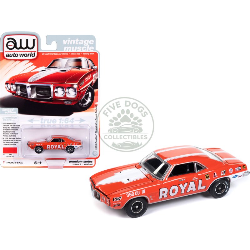 1969 pontiac firebird royal bobcat carousel red with white stripes and graphics "vintage muscle" limited edition 1/64 diecast model car by auto world