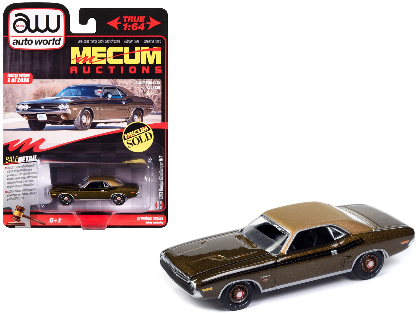1971 dodge challenger r/t dark gold metallic with gold vinyl roof "mecum auctions" limited edition to 2496 pieces worldwide "premium" series 1/64 diecast model car by auto world 1971 dodge challenger r/t dark gold metallic with gold vinyl roof "mecum auctions" limited edition to 2496 pieces worldwide "premium" series 1/64 diecast model car by auto world
