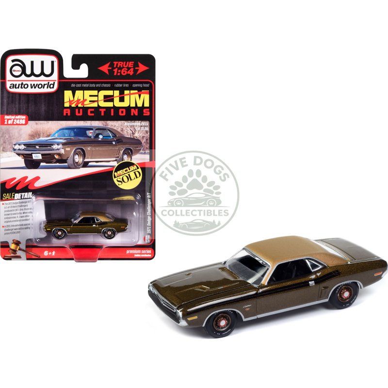1971 dodge challenger r/t dark gold metallic with gold vinyl roof "mecum auctions" limited edition to 2496 pieces worldwide "premium" series 1/64 diecast model car by auto world