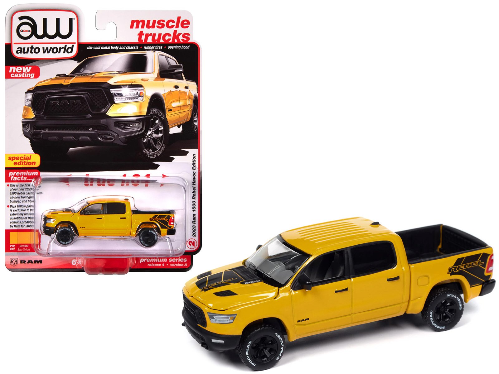 2023 ram 1500 rebel havoc edition pickup truck baja yellow "muscle trucks" series 1/64 diecast model car by auto world 2023 ram 1500 rebel havoc edition pickup truck baja yellow "muscle trucks" series 1/64 diecast model car by auto world