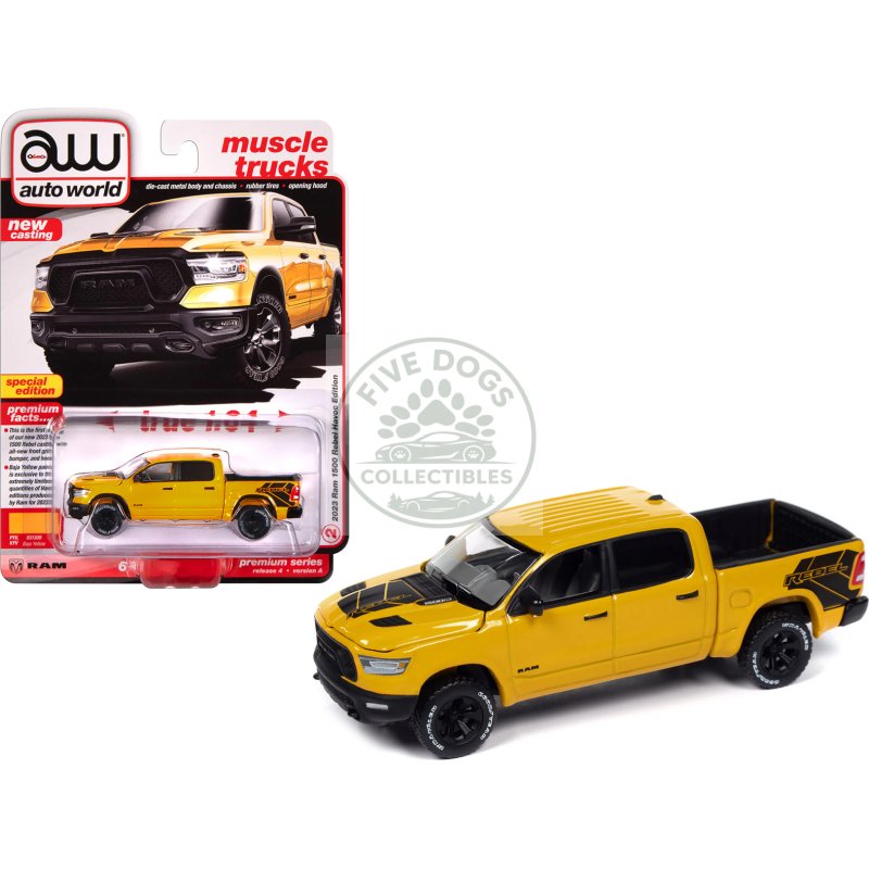 2023 ram 1500 rebel havoc edition pickup truck baja yellow "muscle trucks" series 1/64 diecast model car by auto world