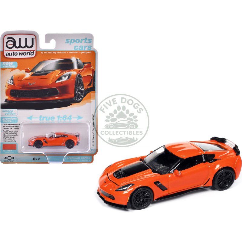 2019 chevrolet corvette z06 sebring orange with black hood "sports cars" series 1/64 diecast model car by auto world