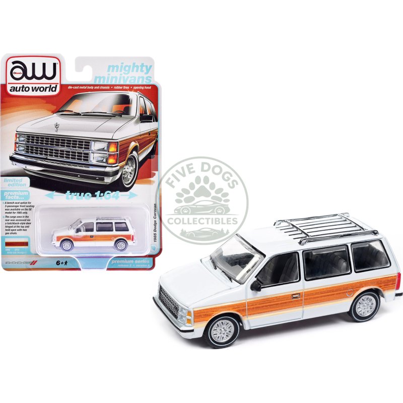 1985 dodge caravan van white with woodgrain side panels "mighty minivans" series 1/64 diecast model car by auto world