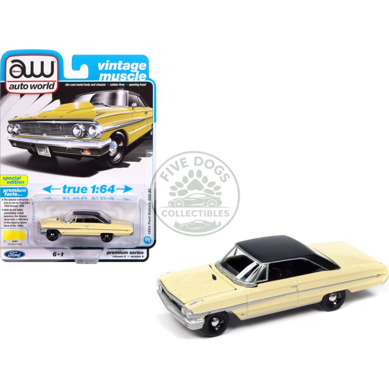 1964 ford galaxie 500 xl sunshine yellow with black top "vintage muscle" series 1/64 diecast model car by auto world