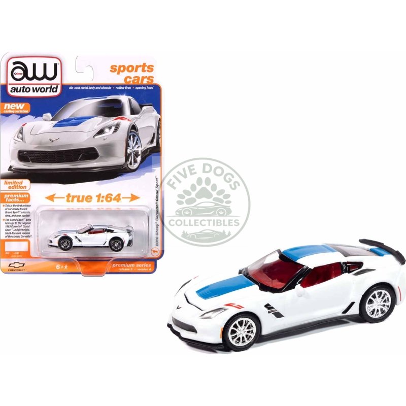 2018 chevrolet corvette grand sport arctic white with blue stripe and red interior "sports cars" series 1/64 diecast model car by auto world