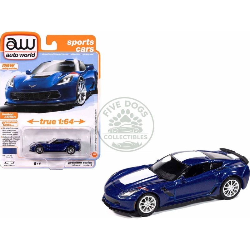 2018 chevrolet corvette grand sport admiral blue with white stripe "sports cars" series 1/64 diecast model car by auto world