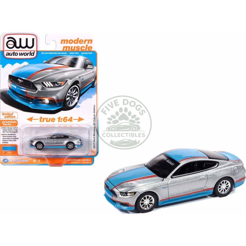 2017 ford mustang gt tribute edition "petty's garage" ingot silver metallic with petty blue and red stripes "modern muscle" series 1/64 diecast model car by auto world