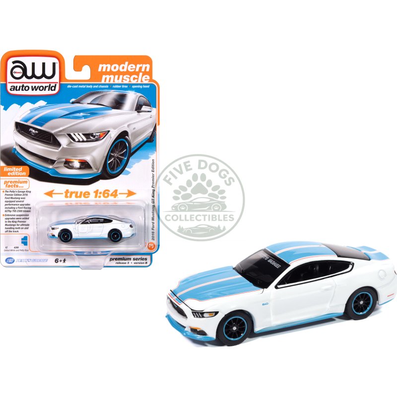 2016 ford mustang gt king premier edition "petty's garage" oxford white with petty blue stripes "modern muscle" series 1/64 diecast model car by auto world