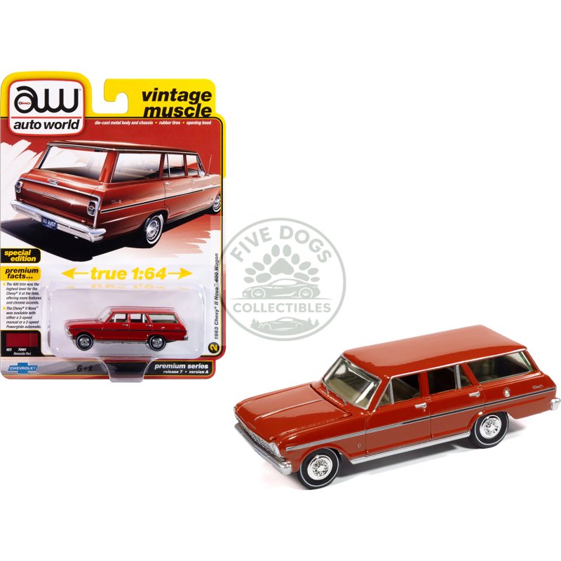 1963 chevrolet ii nova 400 wagon riverside red "vintage muscle" series 1/64 diecast model car by auto world
