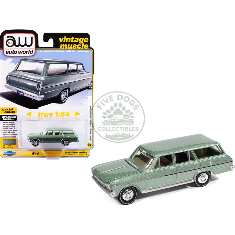 1963 chevrolet ii nova 400 wagon laurel green metallic "vintage muscle" series 1/64 diecast model car by auto world