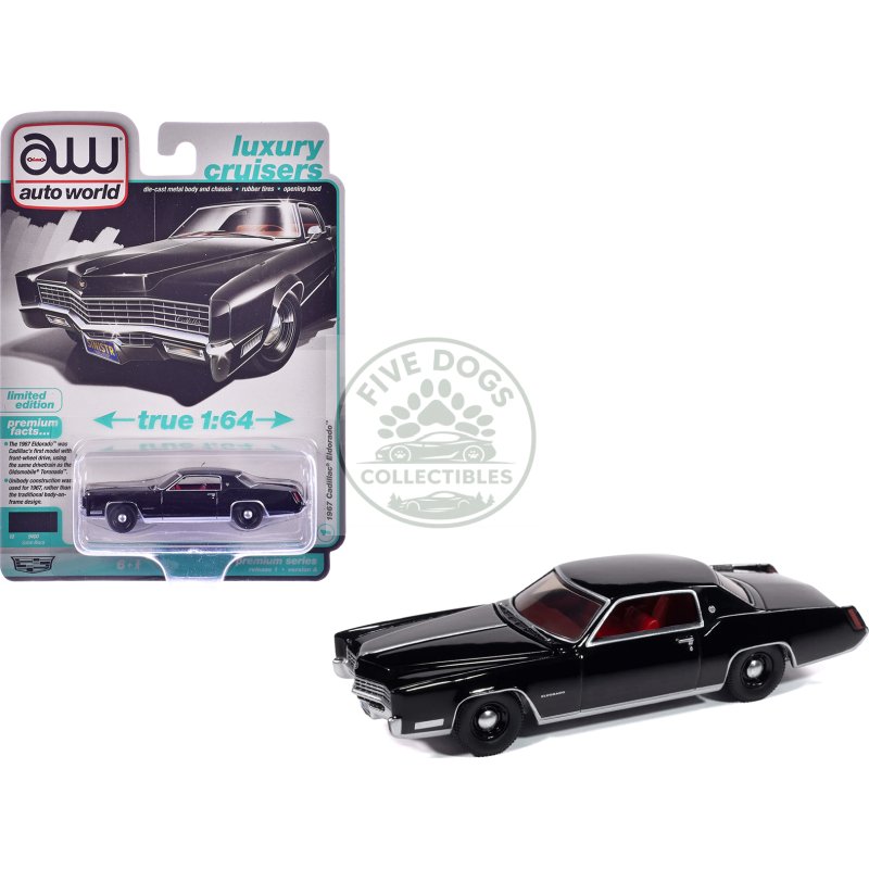 1967 cadillac eldorado sable black with red interior "luxury cruisers" series 1/64 diecast model car by auto world