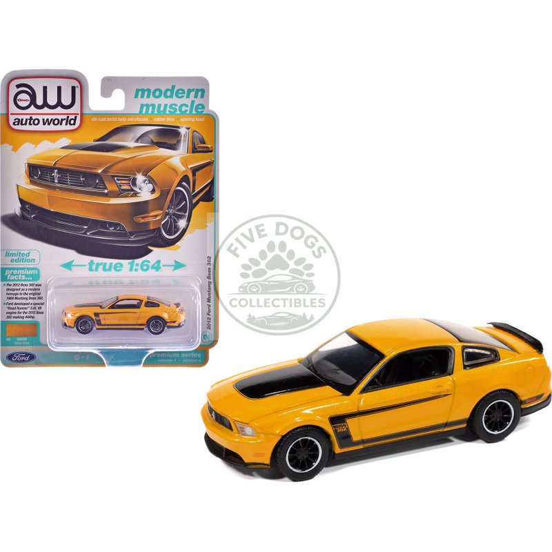 2012 ford mustang boss 302 yellow blaze with black accents "modern muscle" series 1/64 diecast model car by auto world