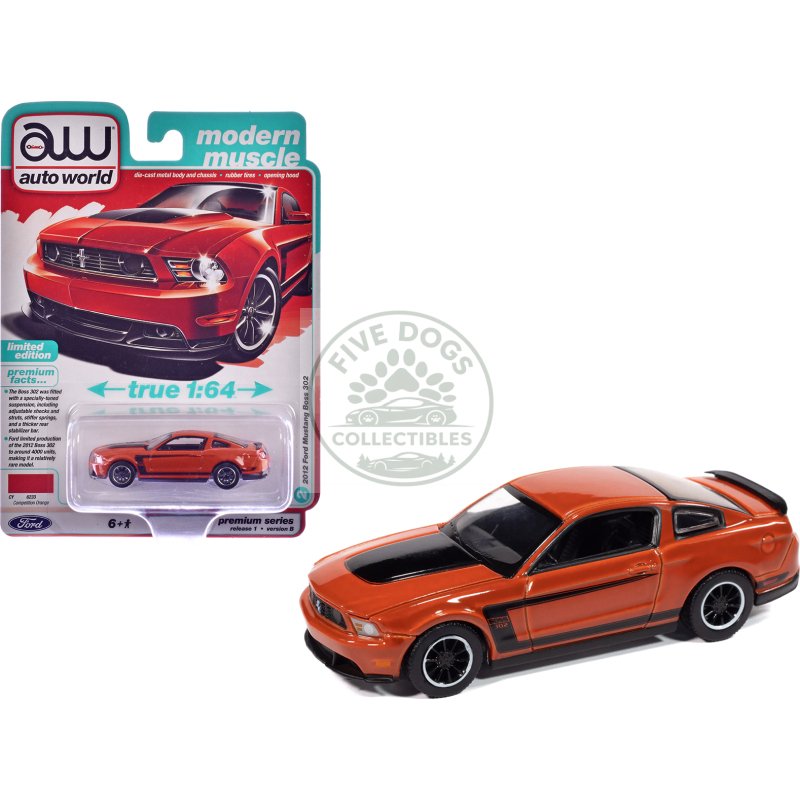 2012 ford mustang boss 302 competition orange with black accents "modern muscle" series 1/64 diecast model car by auto world