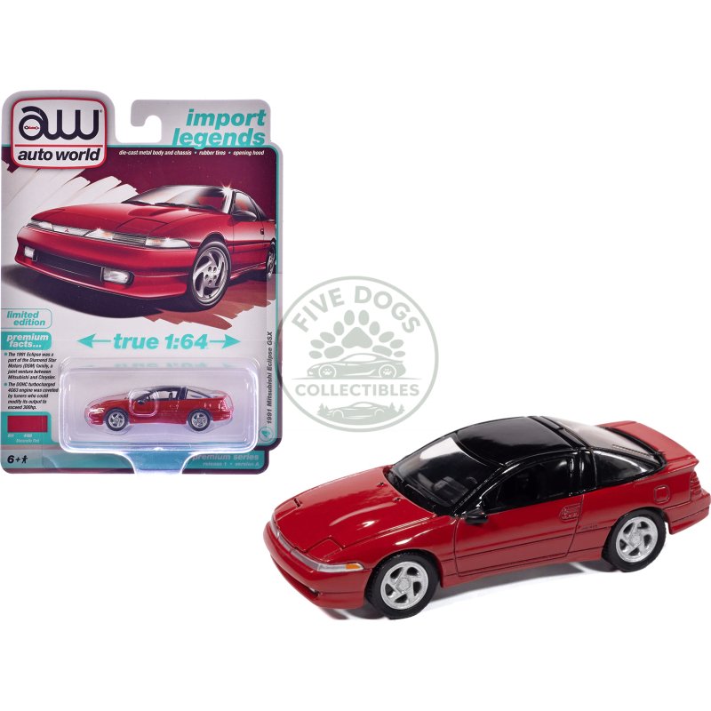 1991 mitsubishi eclipse gsx maranello red with black top "import legends" series 1/64 diecast model car by auto world