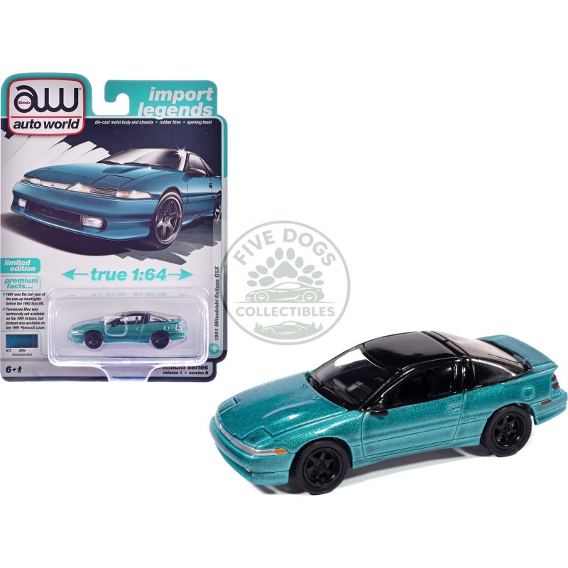 1991 mitsubishi eclipse gsx tennessee blue metallic with black top "import legends" series 1/64 diecast model car by auto world