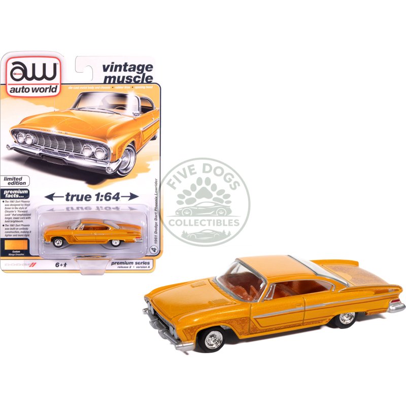 1961 dodge dart phoenix lowrider mango smoothie metallic with graphics and orange interior "vintage muscle" series 1/64 diecast model car by auto world