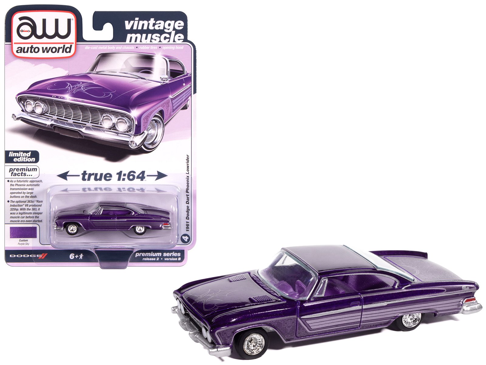 1961 dodge dart phoenix lowrider purple sky metallic with graphics and purple interior "vintage muscle" series 1/64 diecast model car by auto world 1961 dodge dart phoenix lowrider purple sky metallic with graphics and purple interior "vintage muscle" series 1/64 diecast model car by auto world