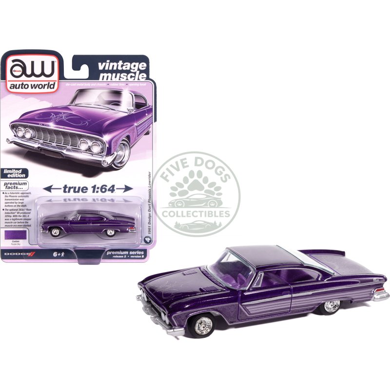 1961 dodge dart phoenix lowrider purple sky metallic with graphics and purple interior "vintage muscle" series 1/64 diecast model car by auto world