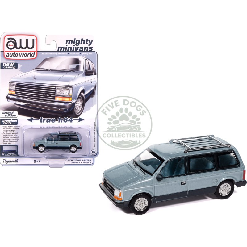1987 plymouth voyager van ice blue metallic and twilight blue metallic 2 tone with blue interior "mighty minivans" series 1/64 diecast model car by auto world