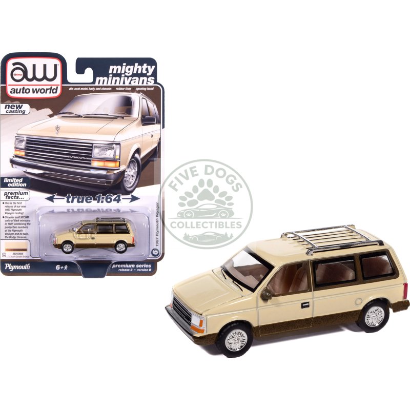 1987 plymouth voyager van light cream and golden bronze metallic 2 tone "mighty minivans" series 1/64 diecast model car by auto world