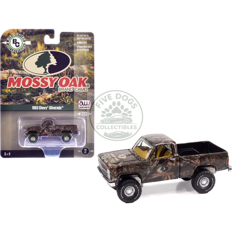 1983 chevrolet silverado pickup truck "mossy oak" camouflage livery "big country collectibles" 2025 series 1/64 diecast model car by auto world